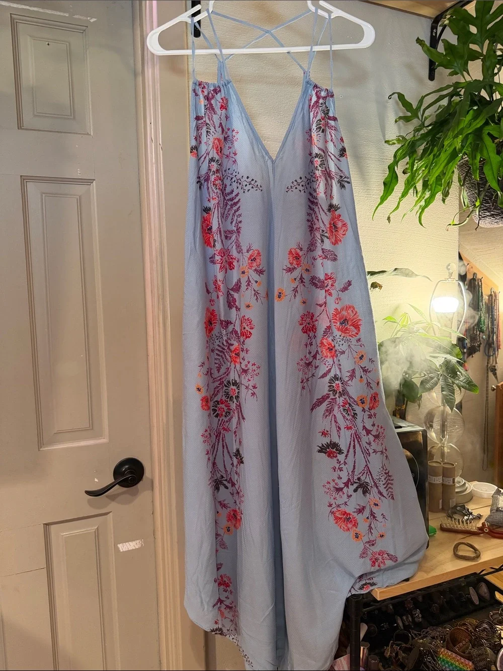 Free People Pale Blue Maxi Dress with Pink & Red Floral Embroidery - Picture 1 of 5